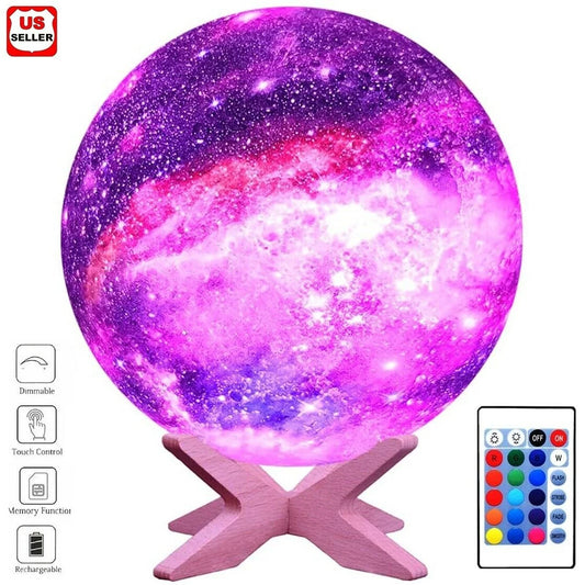 Galaxy Light Lamp, 3D Printed LED 16 Colors RGB Galaxy Lamp, Remote & Touch Control, Dimmable, Color Changing, USB Recharge, Seamless Ambient Night Light Lamp with Wood Stand