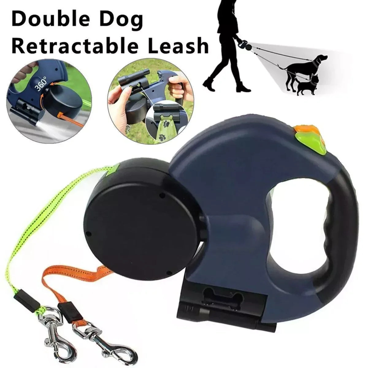 Dual Retractable Reflective Double Dog Walking Leash